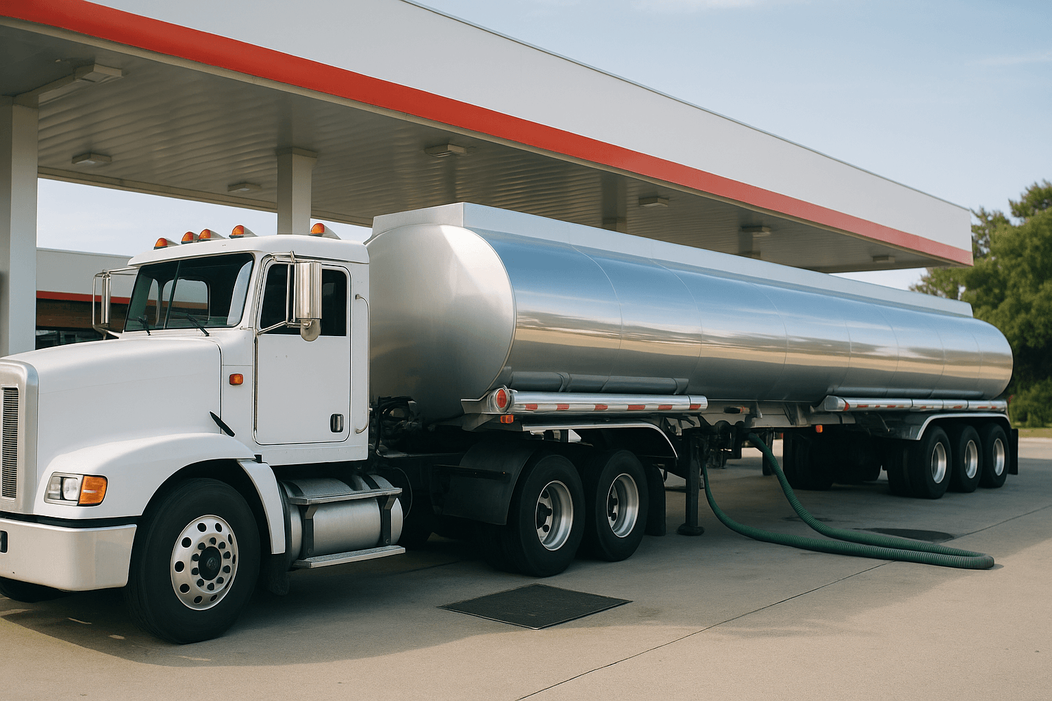 Fuel tanker truck at gas station